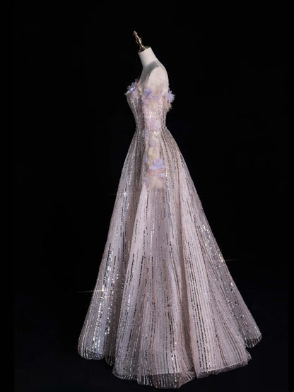 Prinzessinnen-Abendkleid in A-Linie, schulterfrei, paillettenbesetzt, lang, formell, Ballkleid N741