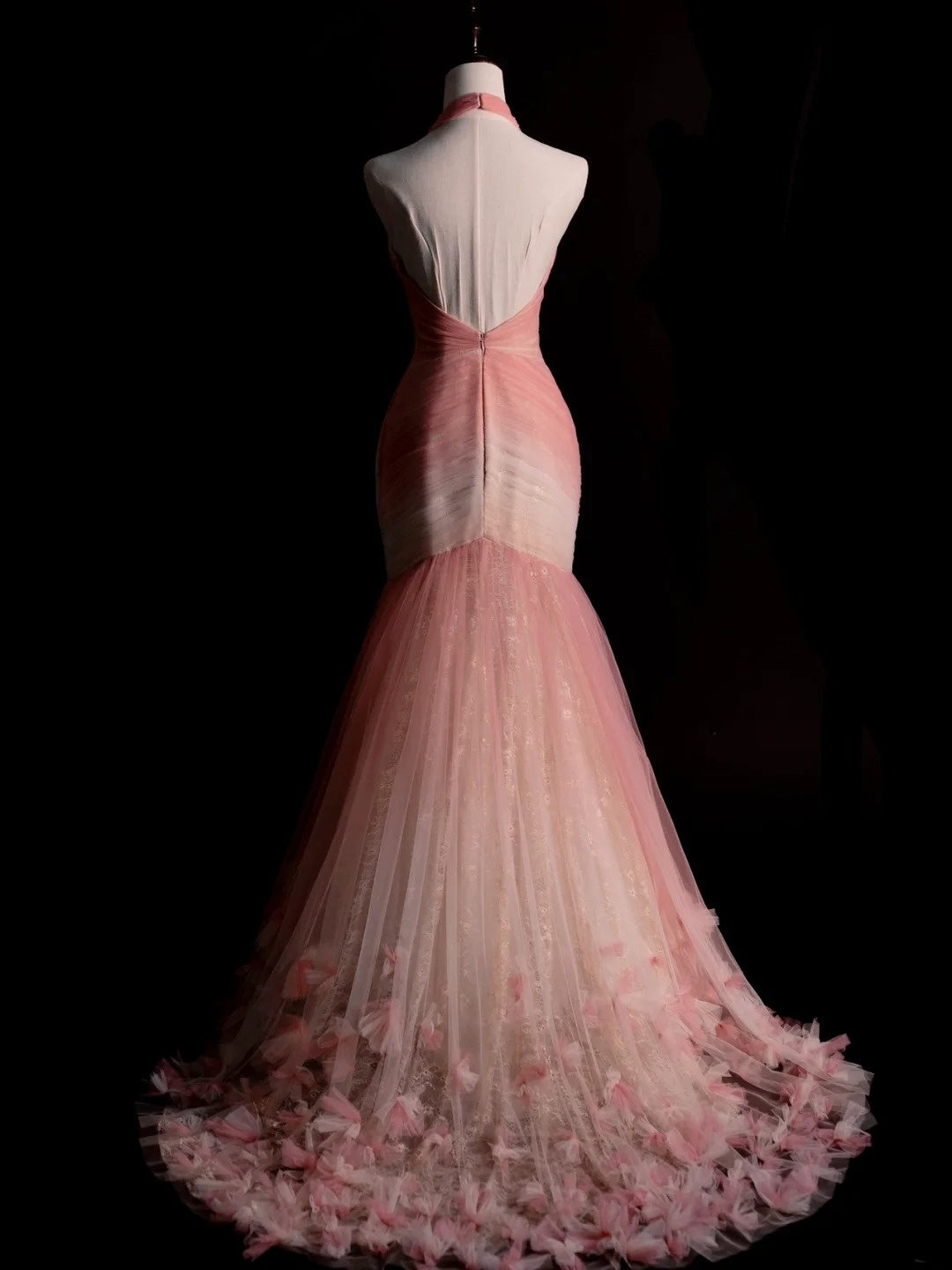 Elegantes Meerjungfrauen-Halterkleid aus rosa Tüll, langes Ballkleid, Abschlusskleid N1229