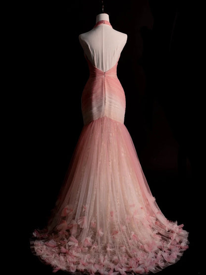 Elegantes Meerjungfrauen-Halterkleid aus rosa Tüll, langes Ballkleid, Abschlusskleid N1229