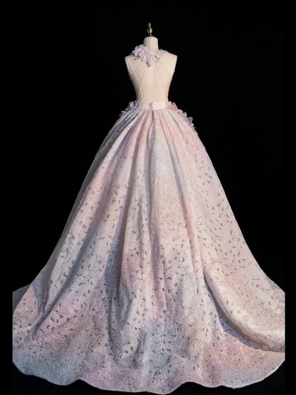 Modest Ball Gown Halter Pink Open Backs With Flowers College Formal Outfit Long Prom Inspo Graduation Dresses N1216