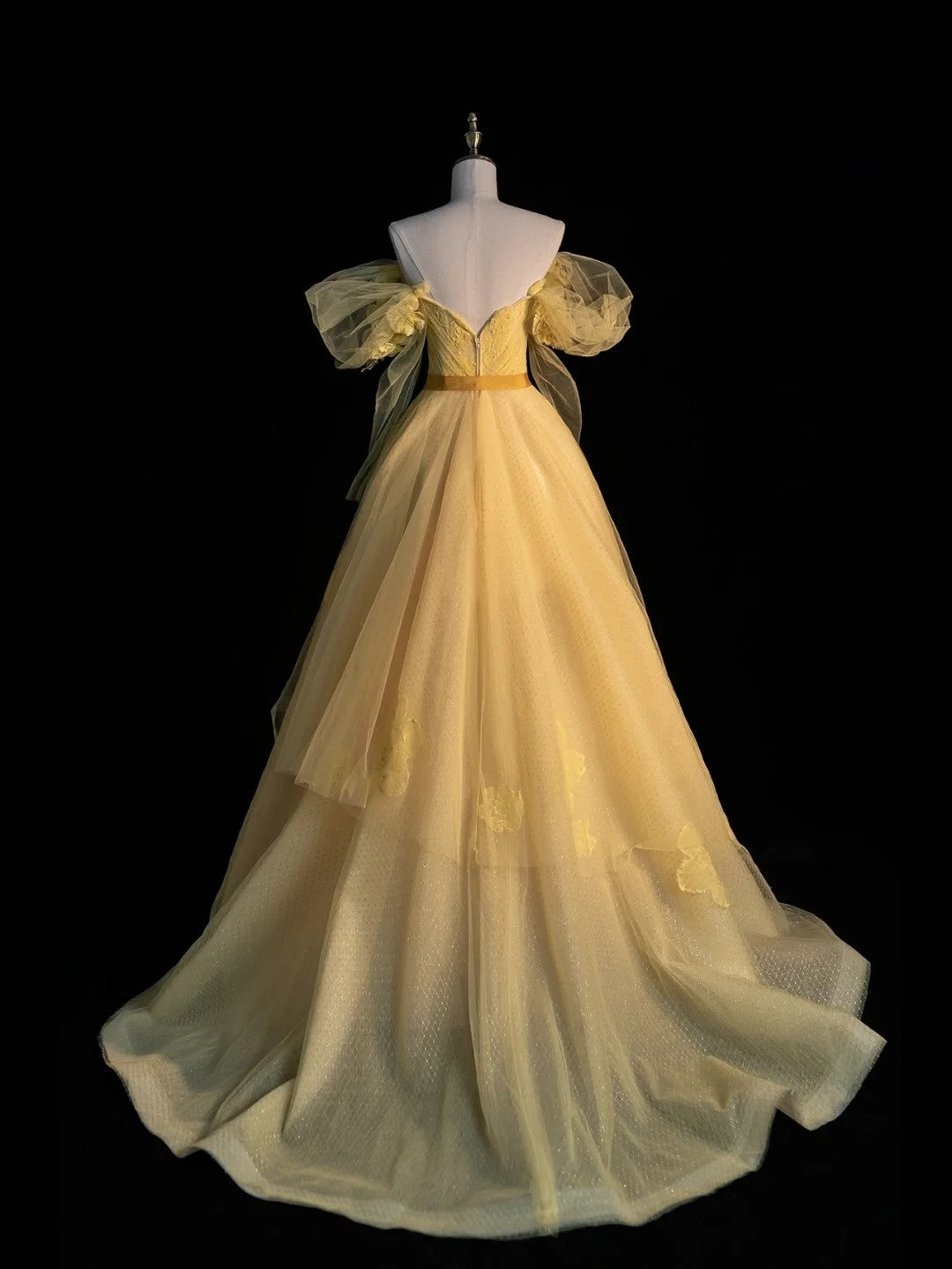 Modest Ball Gown Off The Shoulder Yellow Tulle College Formal Sweet 16 Outfit Long Sleeves Prom Dresses For Teens N1169