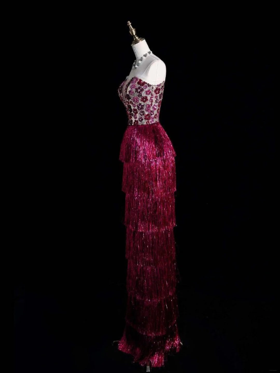 Charming Sheath Strapless Pink Sequins With Tassels Long Prom Dresses Evening Outfits Formal Dress N1073