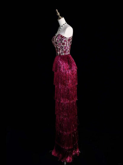 Charming Sheath Strapless Pink Sequins With Tassels Long Prom Dresses Evening Outfits Formal Dress N1073