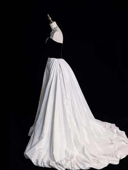 Elegantes Ballkleid mit herzförmigem Ausschnitt, schwarzem Oberteil und weißem Satin, langes Abendkleid für Damen und Mädchen, N650