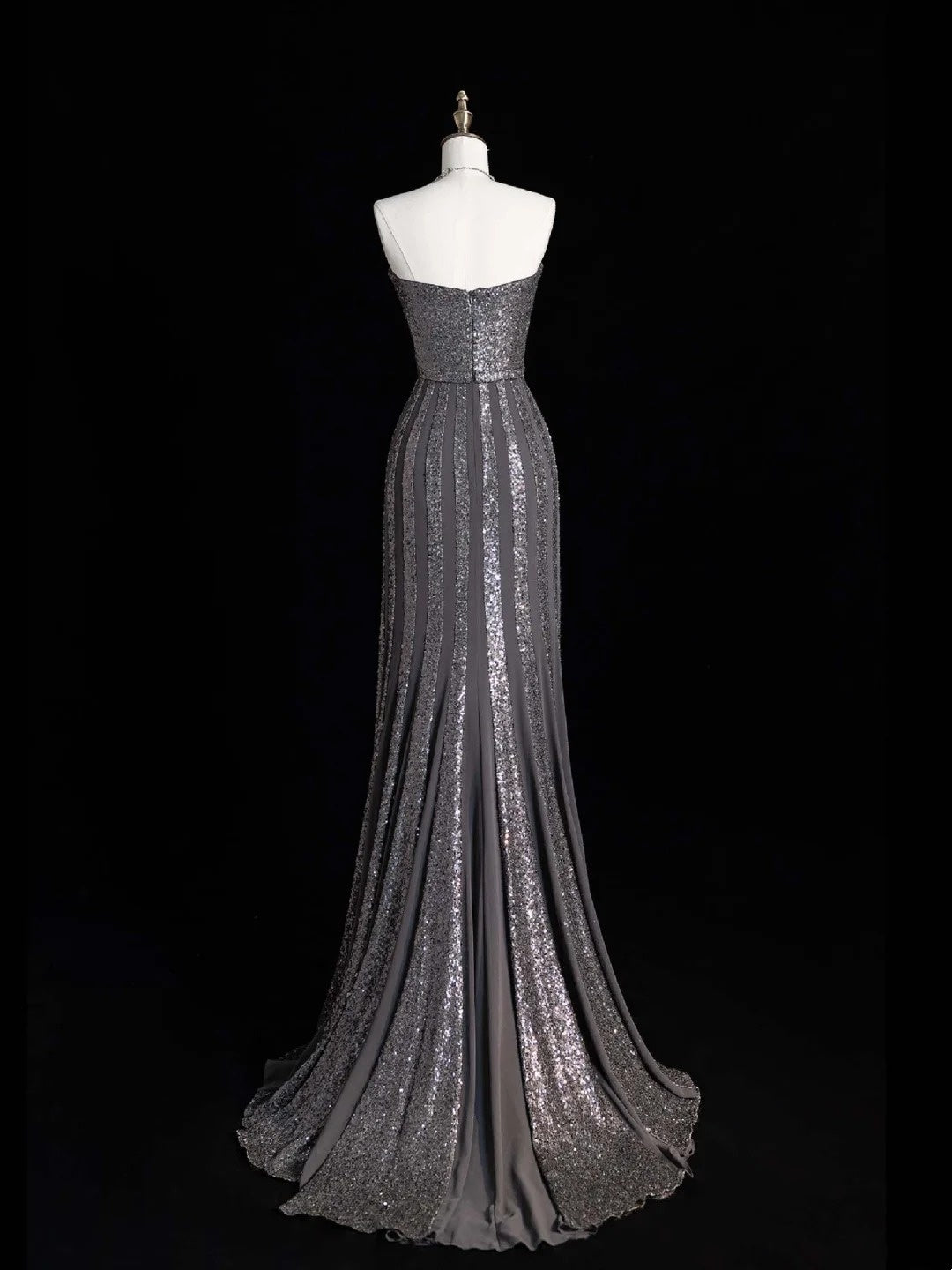 Funkelndes, trägerloses Meerjungfrauen-Abendkleid mit silber-grauen Pailletten, langes formelles Kleid für die Oberstufe, N1282