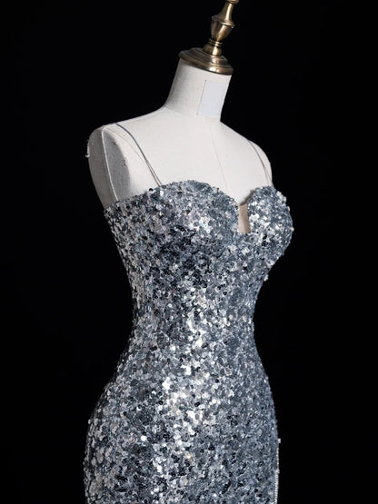 Elegantes Meerjungfrauen-Abendkleid mit Spaghettiträgern, silber-grau mit Pailletten, langes formelles Kleid für die Oberstufe, N1269