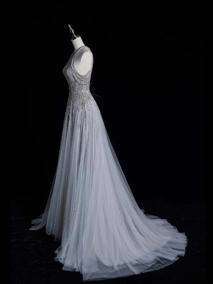 Robe de bal de fin d'année chic, coupe trapèze, dos nu, sequins gris argentés, robe longue de soirée pour lycéennes N1270