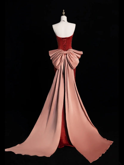 Robe de bal de fin d'année élégante, sans bretelles, en satin rouge rouille, modèle N1268