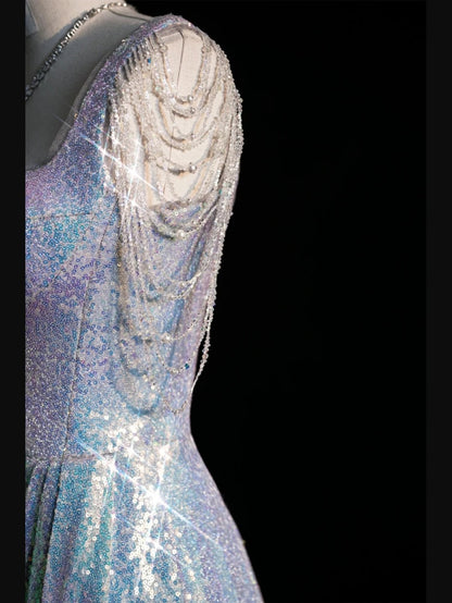 New Mermaid Square Neck Sequins Silver Long Prom Dresses For High School Teens Girls Formal Bridesmaid Dress N1074