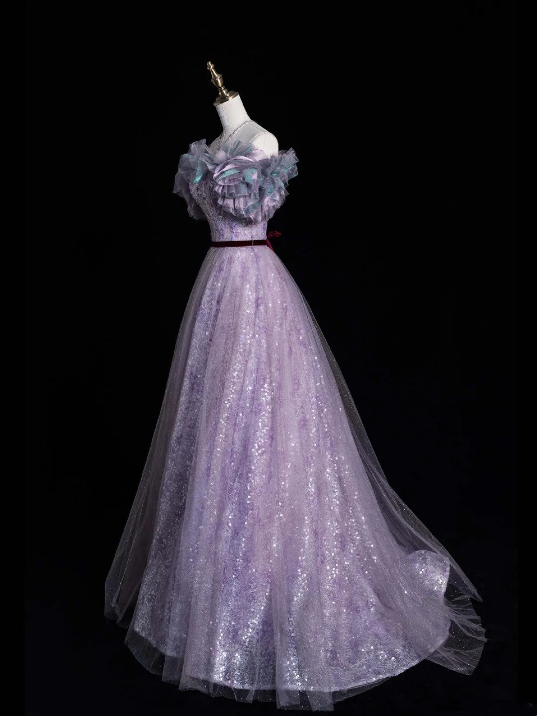 Elegant Ball Gown Off The Shoulder Lilac Sequin Tulle Long Prom Dresses For Teens Evening Outfits Formal Dress N1089