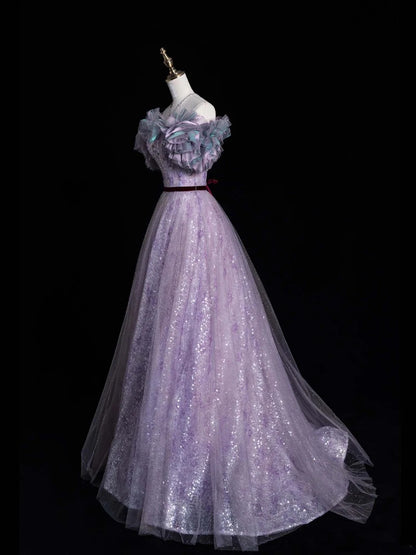 Elegant Ball Gown Off The Shoulder Lilac Sequin Tulle Long Prom Dresses For Teens Evening Outfits Formal Dress N1089