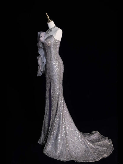 Prinzessin Meerjungfrauen-Abendkleid mit Herzausschnitt, grau, paillettenbesetzt, mit Schlitz, langes formelles Abendkleid, Ballkleid N743