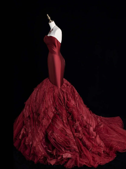 Princess Mermaid Sweetheart Burgundy Tulle Pleated Ruffles Satin Long Formal Evening Dress Gowns Prom Dresses N745