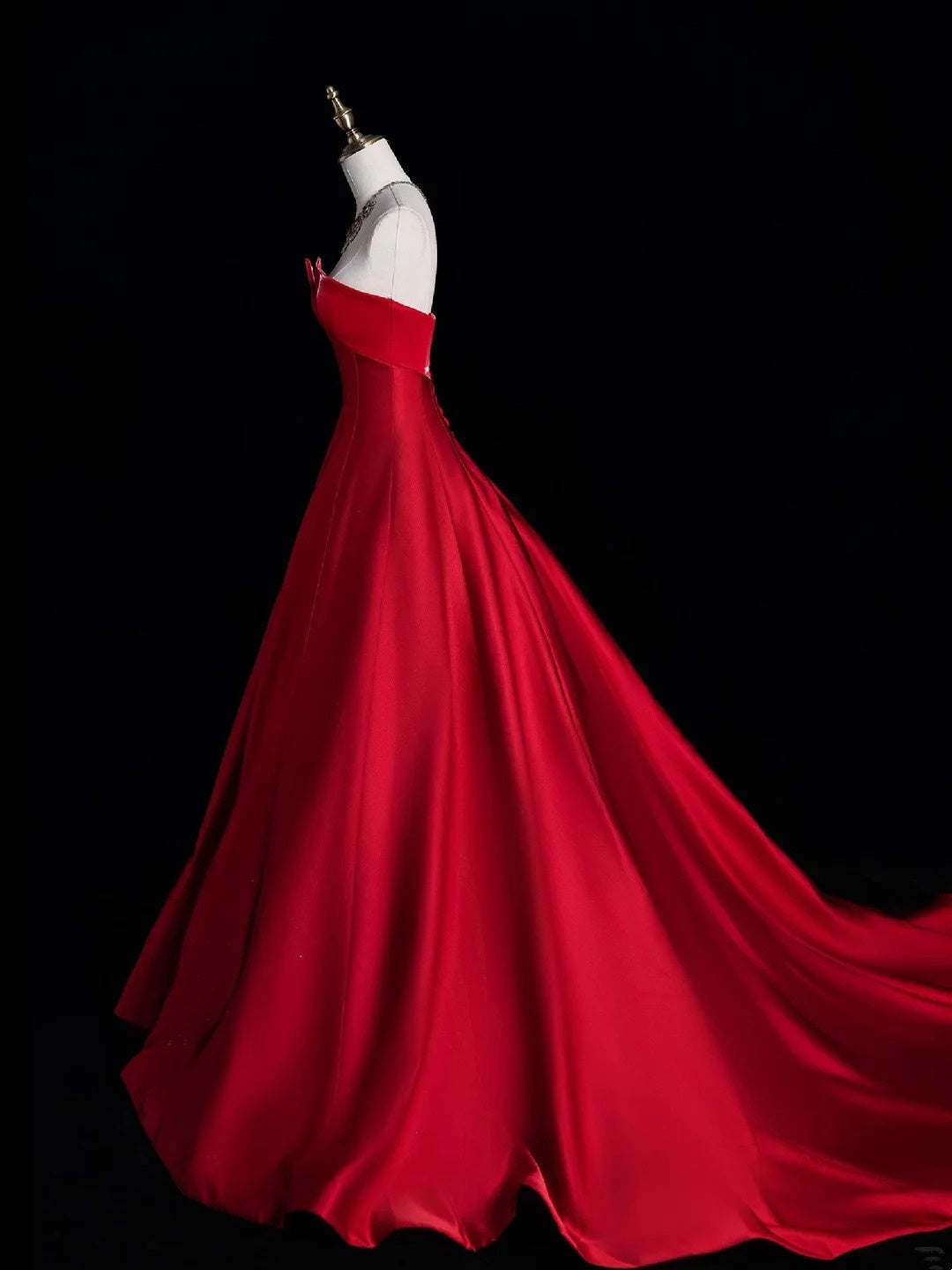 Elegantes, trägerloses, rotes Ballkleid mit Falten und Rüschen, langes Abendkleid, halbformelles Kleid N691
