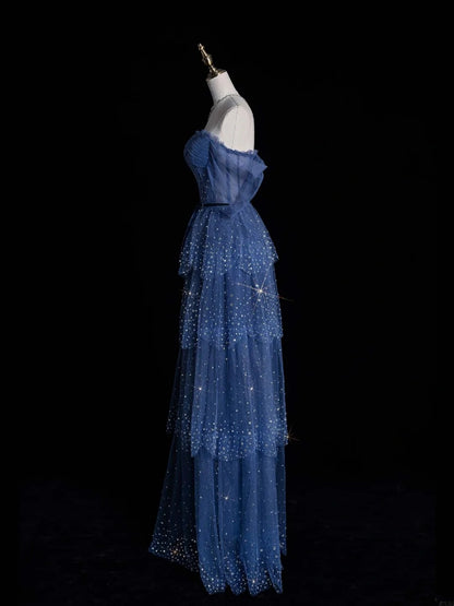 Robe de bal bleu marine en tulle, coupe trapèze, épaules dénudées et manches, inspiration princesse, référence N764