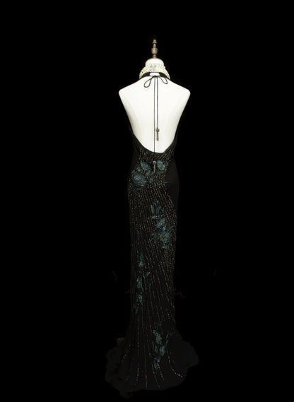 Vintage Prom Dresses Aesthetic Mermaid Halter Floral Chiffon Black With Beaded Crystals Bodice Inspo Formal Party Gowns N1824