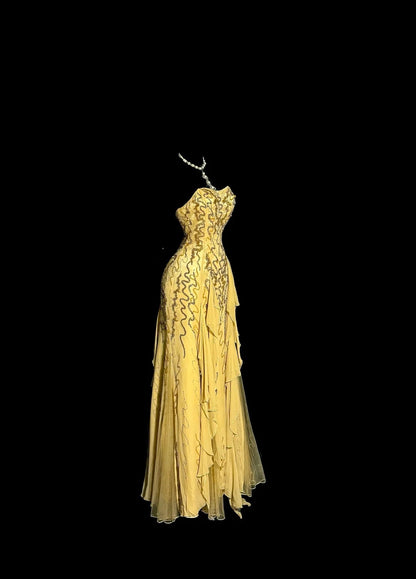 Robes de bal modestes sirène sans bretelles en mousseline dorée avec perles longue robe de soirée formelle N3863