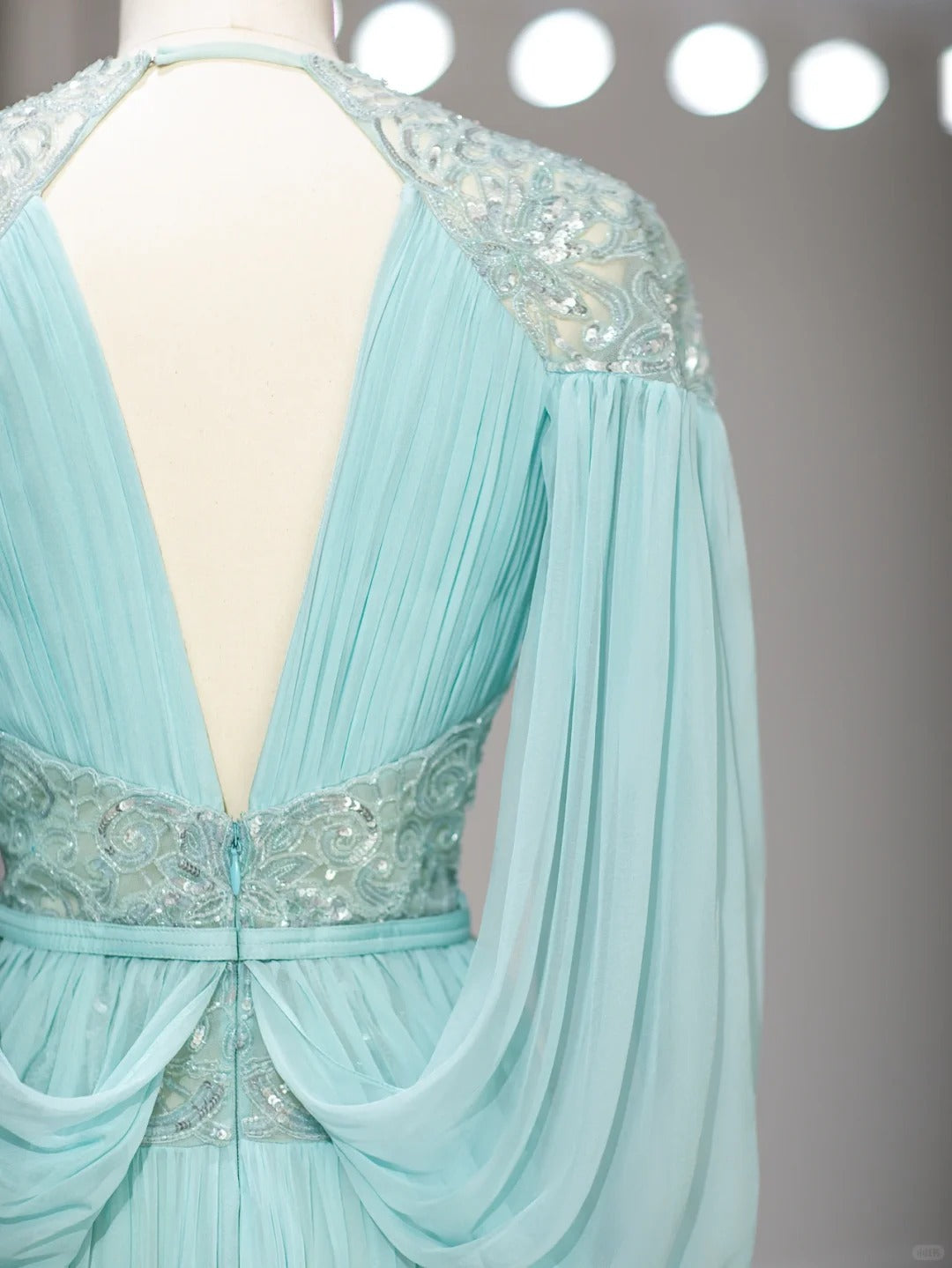 Magnifique Robe de Bal Longue Bleue en Mousseline de Soie avec Manches et Col en V Coupe Trapèze Idée Tenues Formelles RB3992