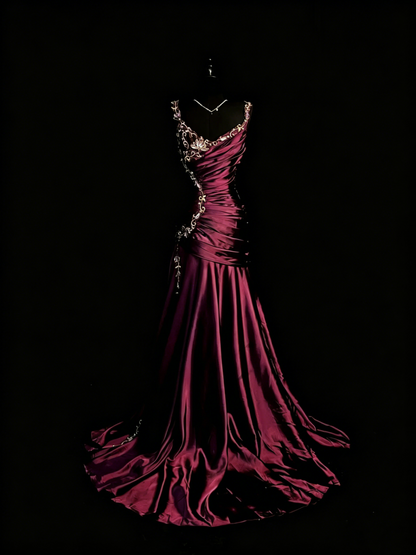Chic Mermaid Spaghetti Strap Satin With Gold Appliqued Long Party Dresses Prom Dresses Impress Wedding Guest Dress N917