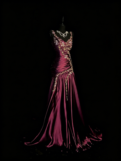 Chic Mermaid Spaghetti Strap Satin With Gold Appliqued Long Party Dresses Prom Dresses Impress Wedding Guest Dress N917