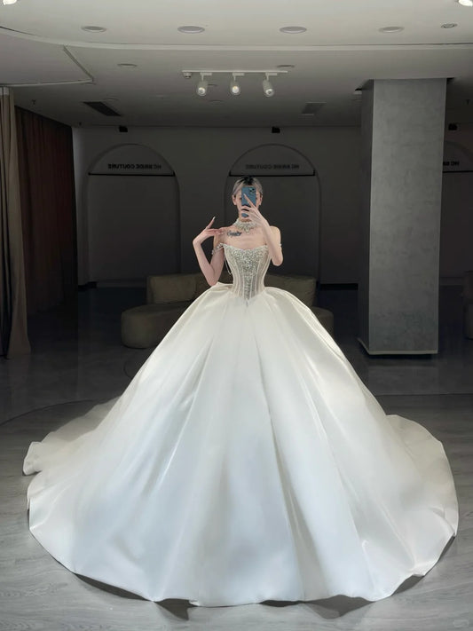 Simple Wedding Dresses Ball Gown Sweetheart Satin With Silver Beading Long Bridal Gown N2984