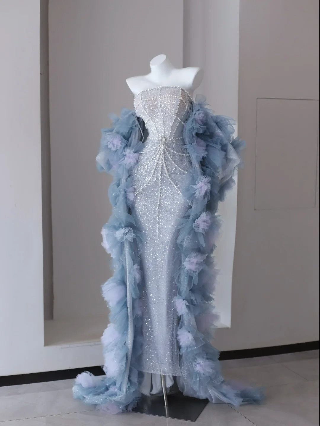 Sparkly Prom Dresses Mermaid Strapless Light Sky Blue Sequined With Beading Long Formal Gown N2921