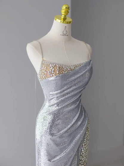 Sparkly Prom Dresses Mermaid Spaghetti Strap Silver Gray Sequined With Beading Slit Long Formal Gown N2922