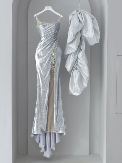 Sparkly Prom Dresses Mermaid Spaghetti Strap Silver Gray Sequined With Beading Slit Long Formal Gown N2922