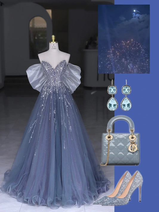 Modest Prom Dresses Ball Gown Sweetheart Grey Tulle Sequined Long Formal Dance Dress N2980