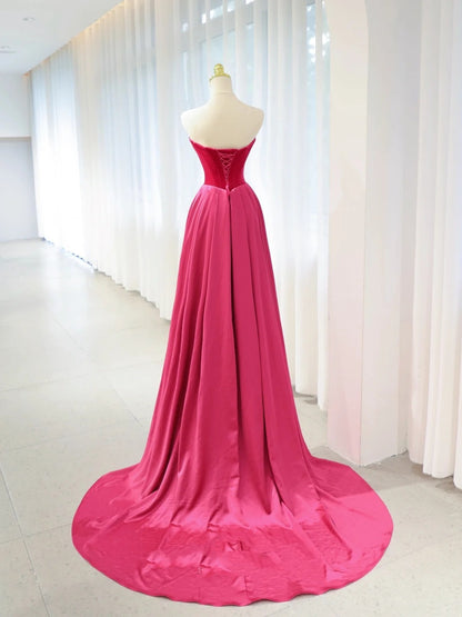 Belles robes de bal sirène bustier en satin rose vif avec longue robe de soirée plissée N2934