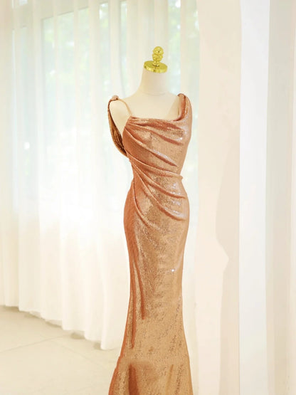 Belles robes de bal sirène dorées à sequins avec longue robe de soirée plissée N2935