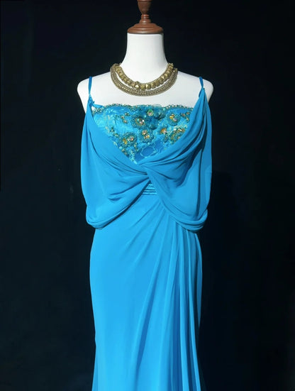 Robes de bal gothiques glamour sirène, bretelles fines, mousseline bleue sans manches avec perles, robe de soirée semi-formelle N3819