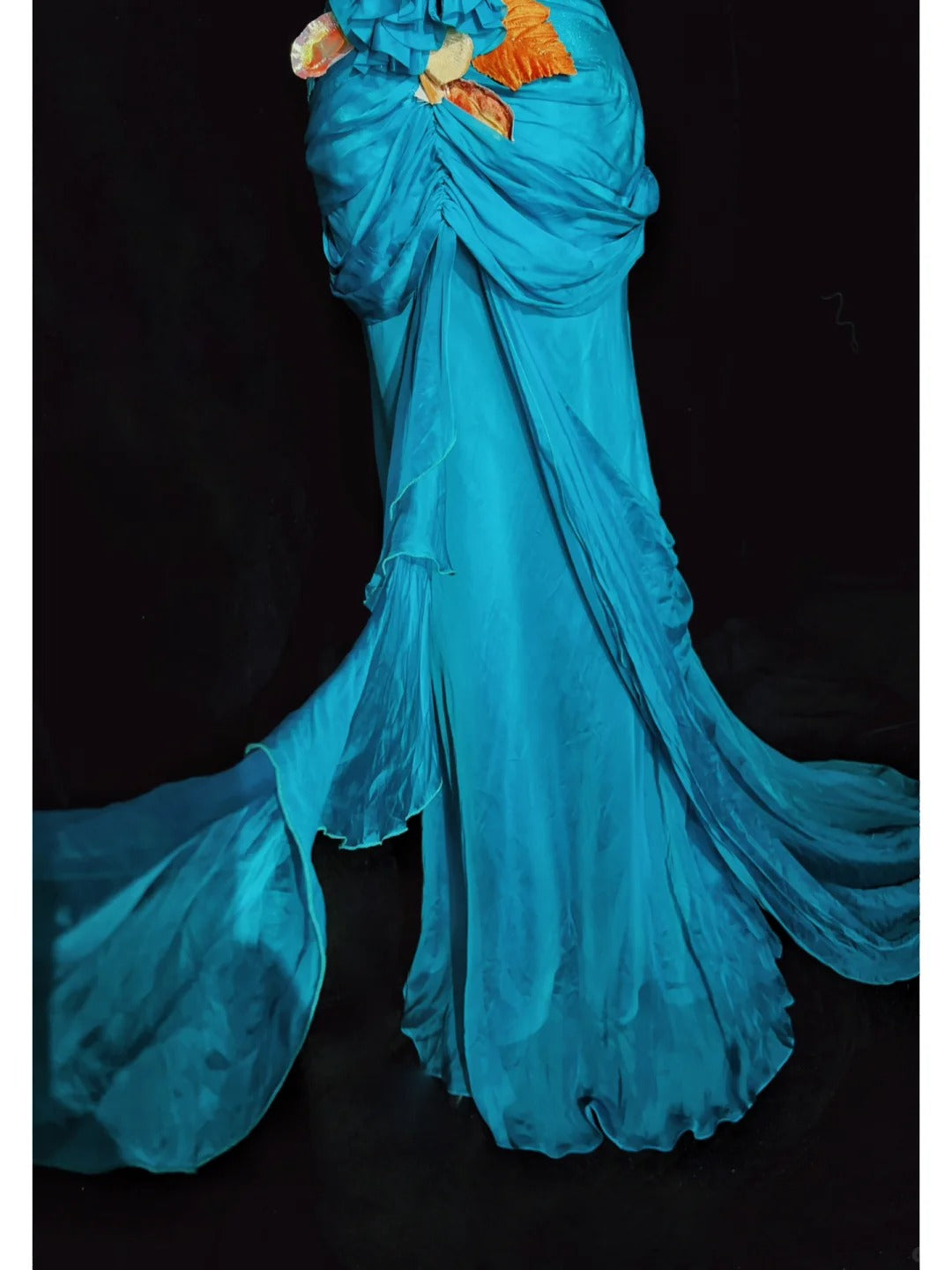 Robes de bal modestes Sirène Bretelles fines Mousseline bleue Sans manches avec feuille Robe de soirée formelle N3841