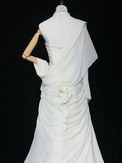 Robes de Mariée Intemporelles Sirène Bretelles Spaghetti Mousseline Blanche avec Écharpe Longue Robe de Mariée N3063