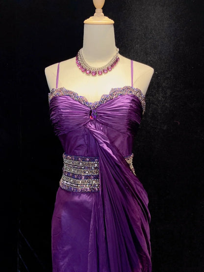 Vintage Abschlussballkleider Spaghetti-Träger Meerjungfrau Lila Chiffon mit Perlenbesatz Lange formelle Abendkleider N3866