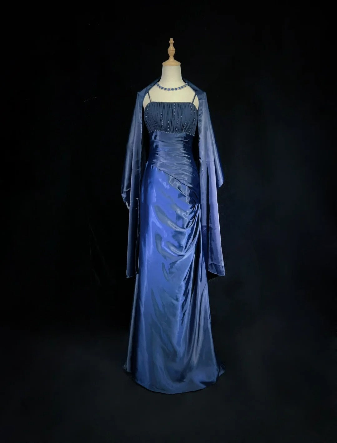 Elegant Prom Dresses Mermaid Spaghetti Strap Navy Blue With Cape Sleeveless Long Formal Gown N2880