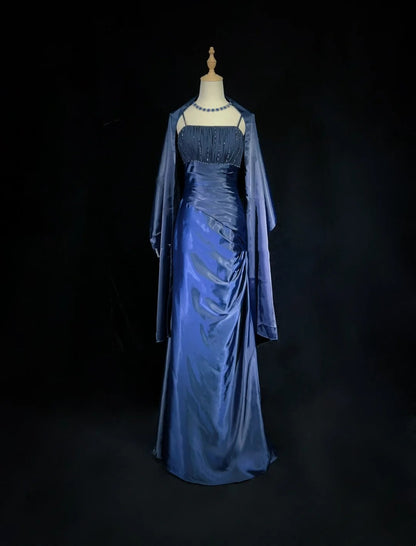 Elegant Prom Dresses Mermaid Spaghetti Strap Navy Blue With Cape Sleeveless Long Formal Gown N2880