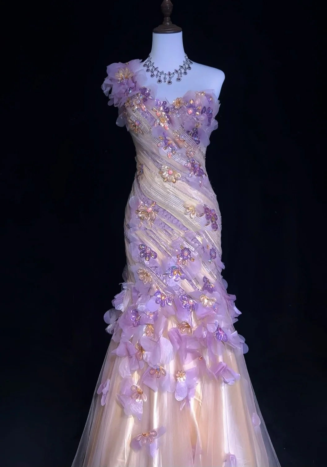 Robes de bal années 90 de rêve Sirène Asymétrique Lilas avec Fleurs 3D Tenues de soirée formelles N3802
