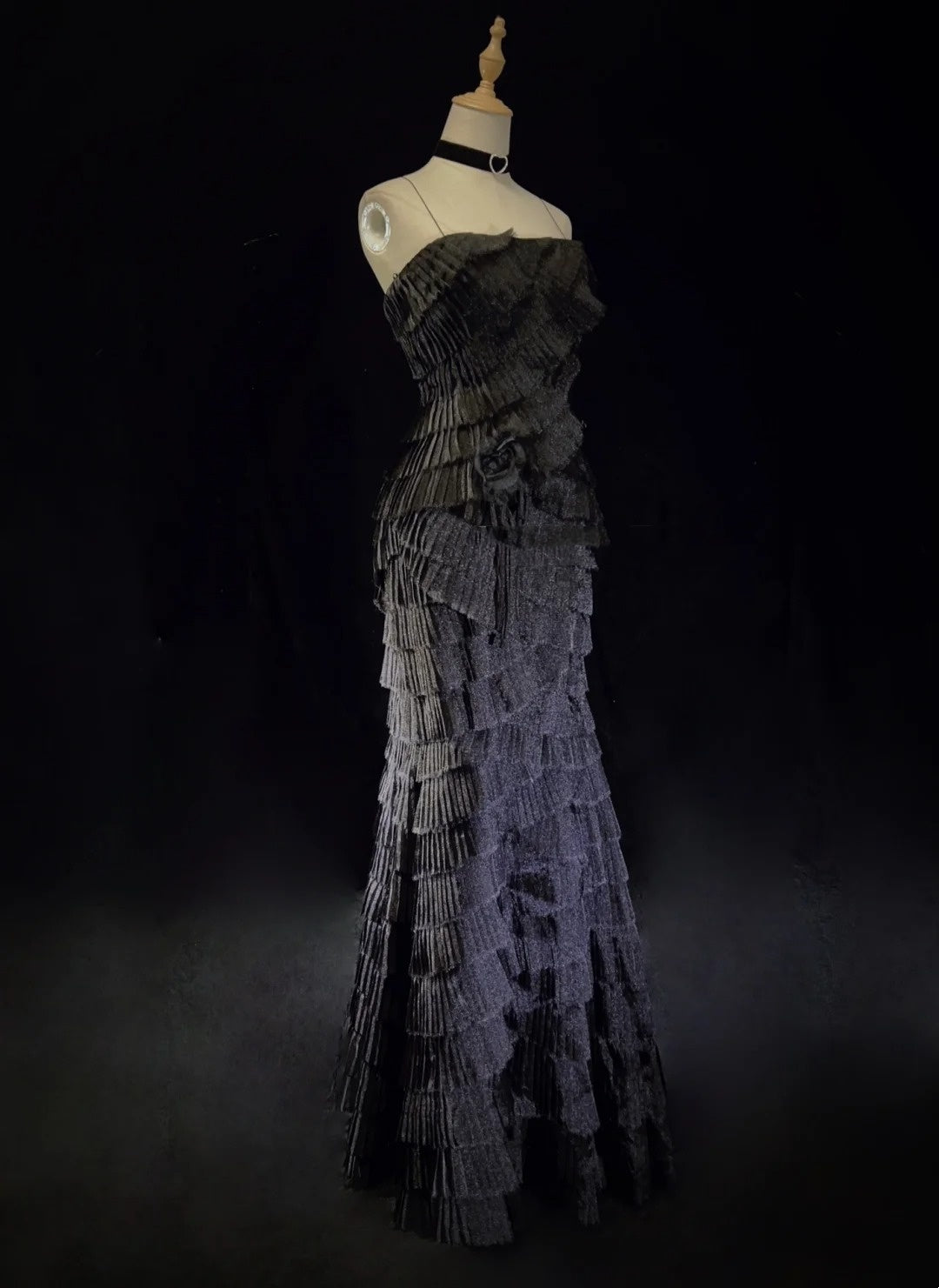 Robes de bal vintage des années 90 sirène à fines bretelles noires avec couches superposées longue robe de soirée semi-formelle N3665