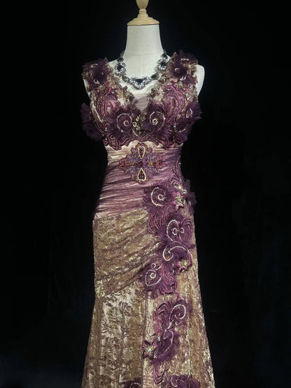 Robes de bal vintage sirène col en V dentelle dorée avec fleurs tenues de soirée formelles longues années 80 N3881