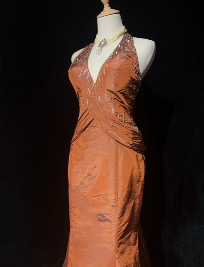 Vintage Abschlussballkleider Meerjungfrau Neckholder Orange Taft mit Perlen 90er Langes Abendkleid N2917