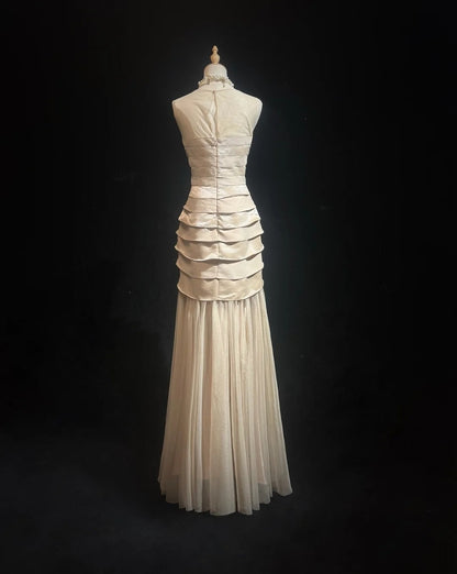 Vintage-Ballkleid Ästhetik Meerjungfrau V-Ausschnitt Champagner Mit Lagen Langes Abendkleid N3029