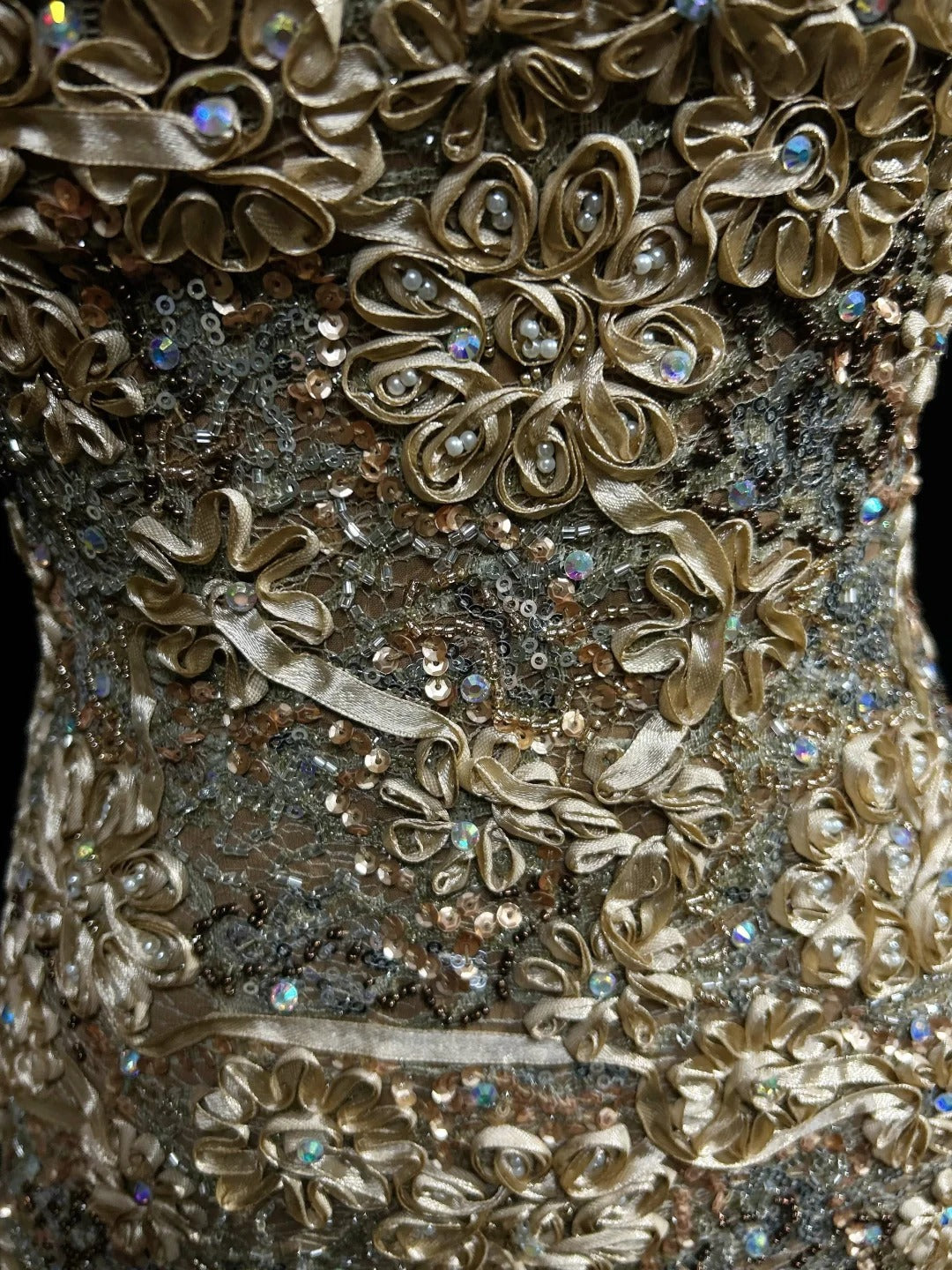 Vintage Abiballkleider 1960er Meerjungfrau Trägerlos Gold Spitze Lang Abiballkleid N3103