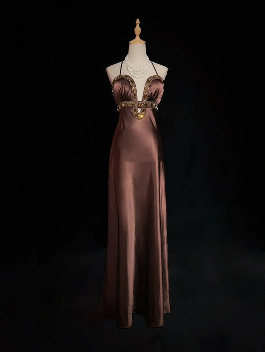 Vintage Prom Dresses A Line Halter Brown Sleeveless Satin 1980s Long Formal Gown N2859