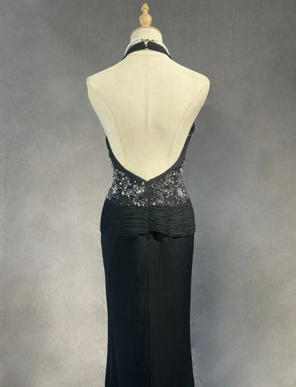 Bescheidene Abschlussballkleider Meerjungfrau Neckholder Schwarze Krawatte Chiffon mit Perlen Abendkleid N3858