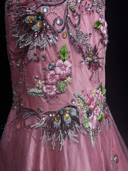 Vintage Abschlussballkleider Meerjungfrau Spaghettiträger Rosa Spitze mit Perlen 90er Lange Abendrobe N2890