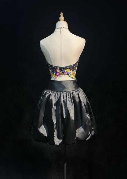 Süßes Ballkleid 2-teilig Schwarz Geblümt Satin Ideen für Damen Kurze Länge Geburtstagskleider Homecoming Outfits N3449