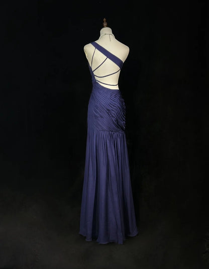 Robes de bal de rêve des années 90 Sirène Asymétrique Bleu Marine Plissée Tenues de Soirée Formelles N3836