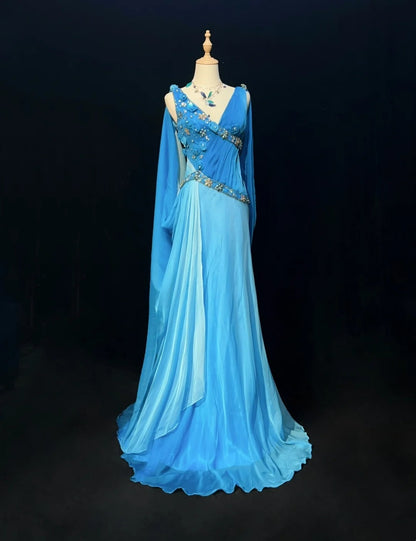 Inspiration Robes de bal Vintage Sirène Col V Bleu Royal Mousseline de Soie avec Fleurs Perles Années 80 Robe de Soirée Longue N2743