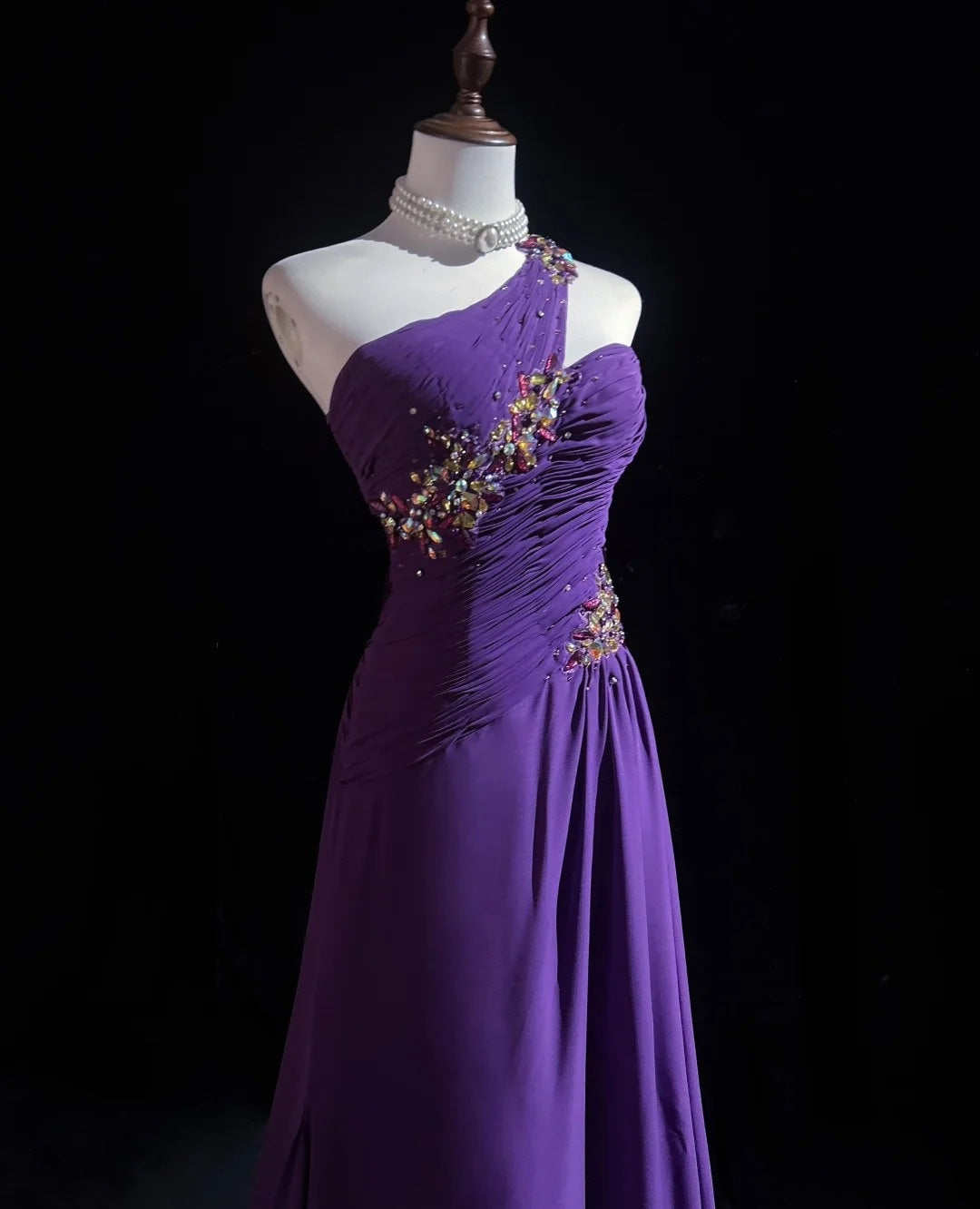Vintage Abschlussballkleider A-Linie One Shoulder Lila Chiffon 80er Jahre mit Perlen Lang Formelle Abendgarderobe N3889